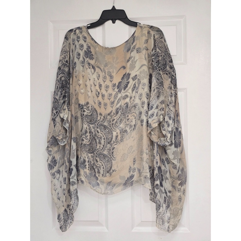 Saks Fifth Avenue Womens S Silk Lined Sheer Paisley Poncho Blouse Top Italy Boho